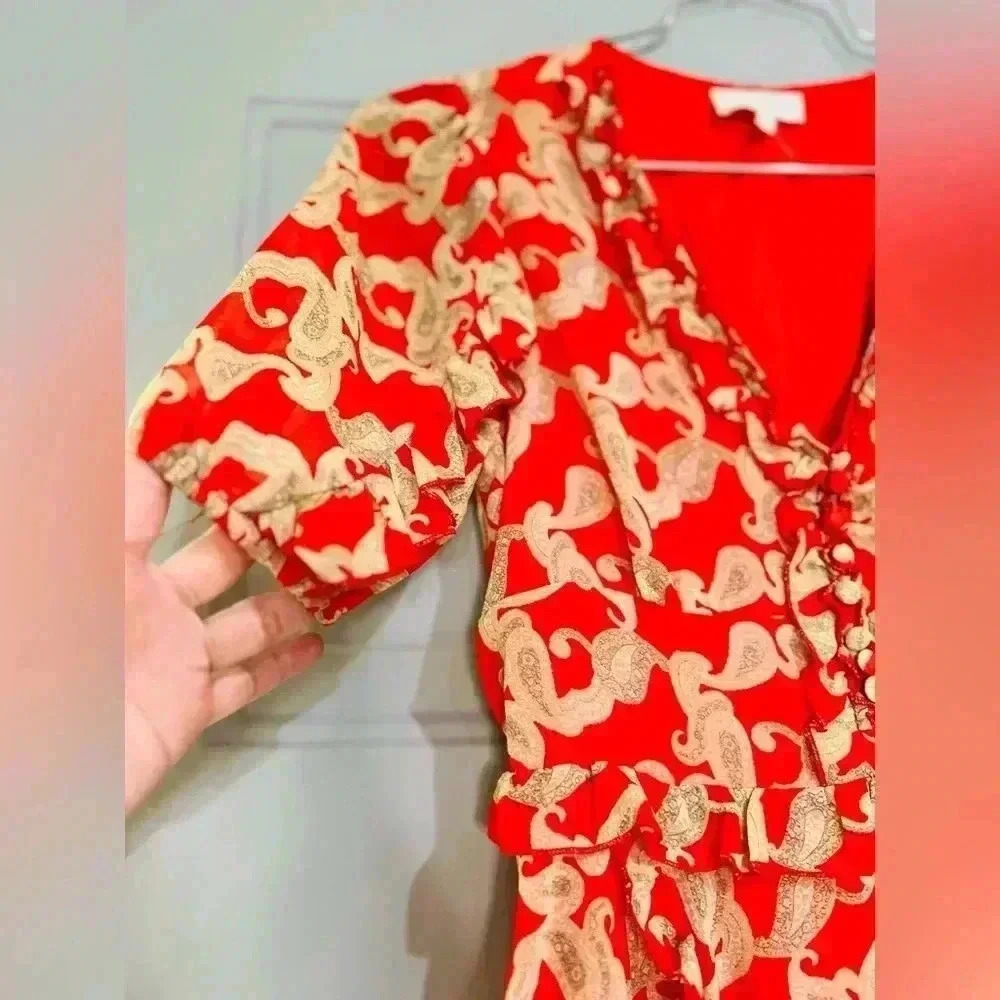 MELLODAY V-Neck Short Sleeve Paisley Print Midi Dress In Red Cream - Picture 4 of 11